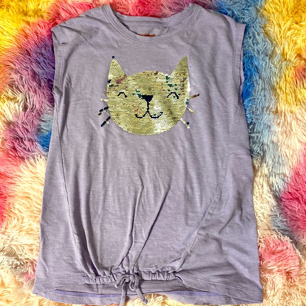 Cute light purple sequence cat shirt for girls size: large 10/12
